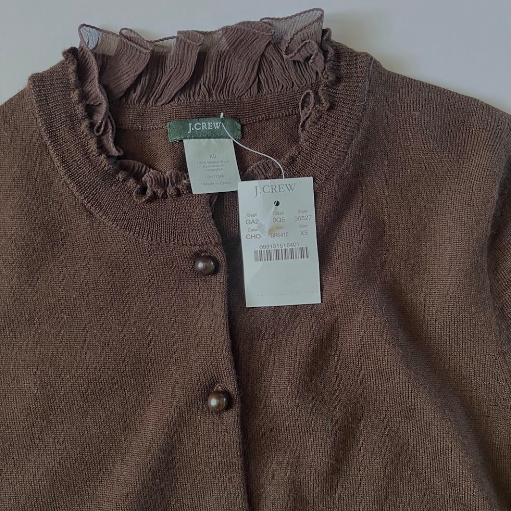 NWT J. Crew classic merino wool crewneck cardigan with ruffles size XS - Picture 2 of 3